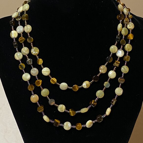 Tiger's Eye & Yellow Opal 3 Layer Statement Necklace w/ Natural Gemstones - Picture 3 of 12